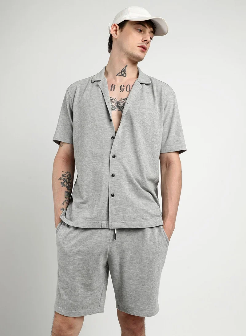 كامبوس سوترا Men's Light Grey Heathered Knitted Co-Ord Set For Casual Wear | Cuban Collar | Short Sleeve | Button Closure | Co-Ords Crafted With Comfort Fit For Everyday Wear
